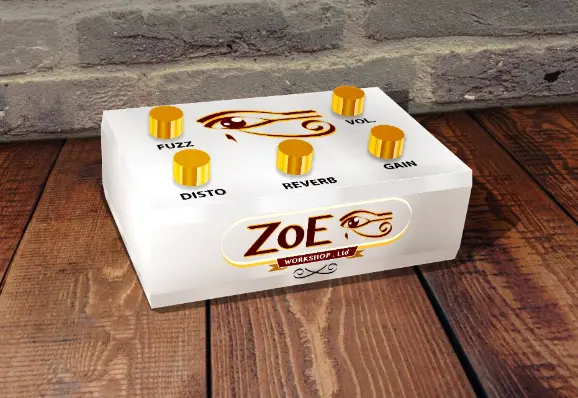 Photomontage de boîtier de pédale d'effet métal pour guitare modélisée en 3D customisé avec le logo Zoé workshop sur un parquet bois foncé.