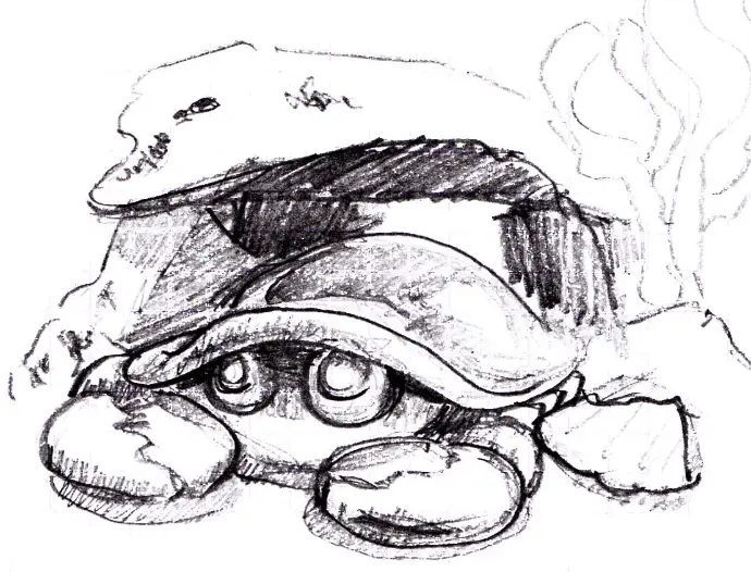 croquis crabe sous un rocher type cartoon au stylo bic noir