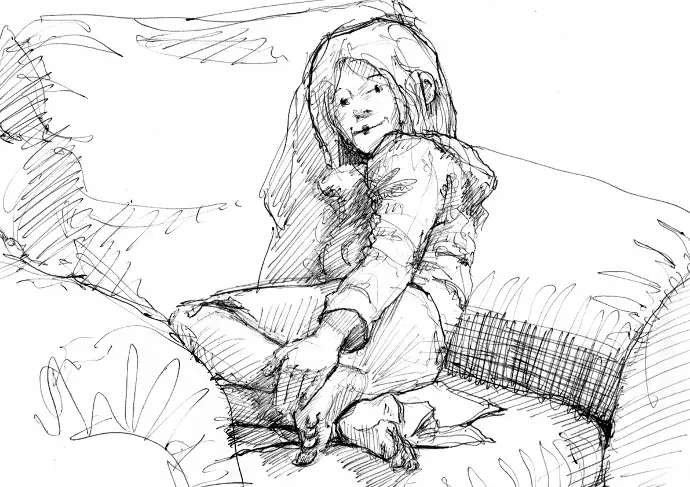 illustration stylo bic croquis enfant fille fauteuil pose sketch