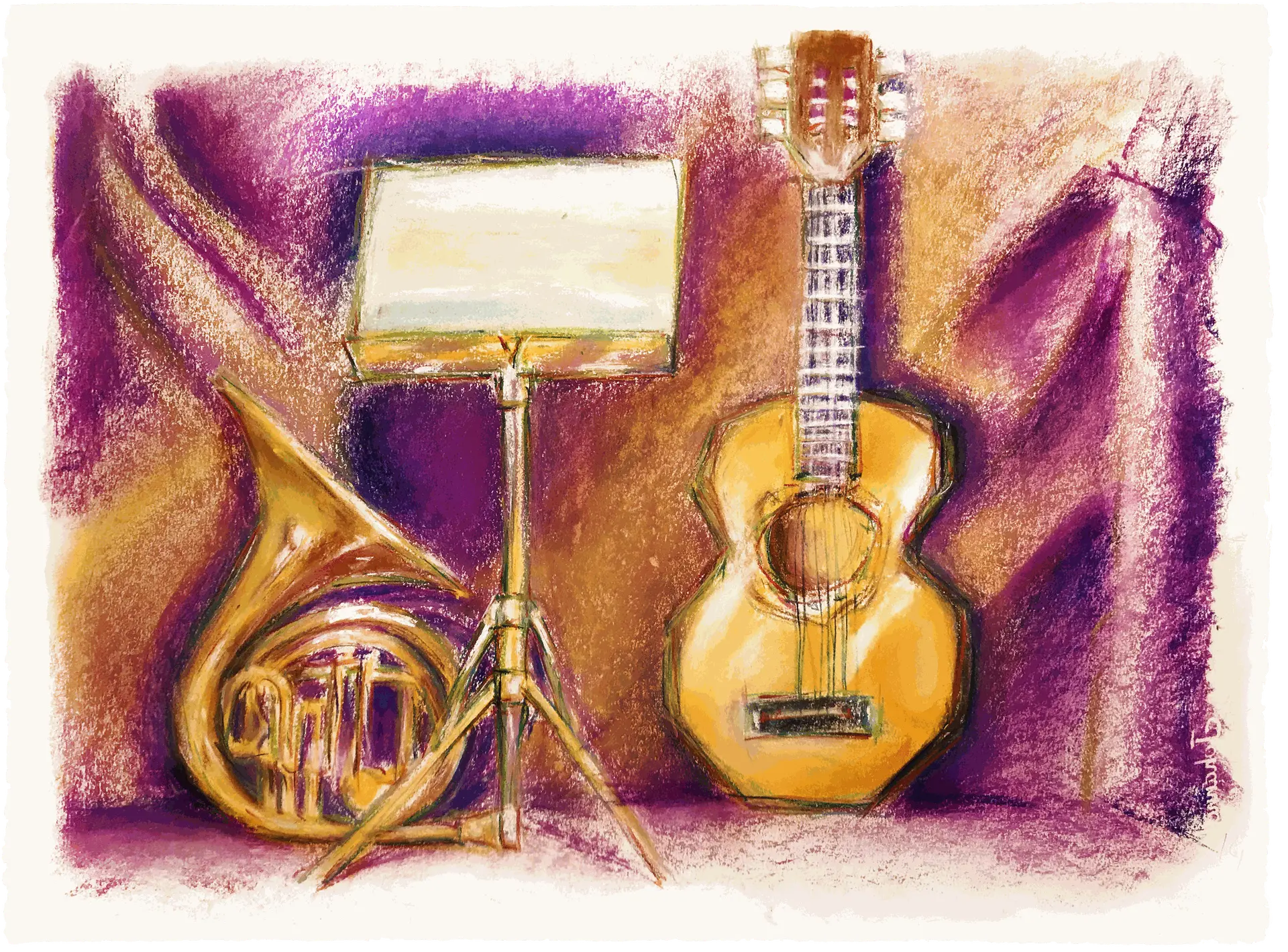 illustration musique instrument pastel couleur guitare cors pupitre scénographie