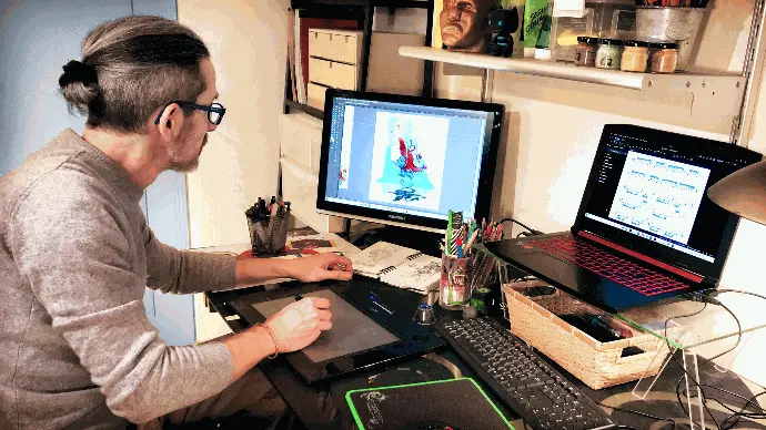 Un espace et des outils workspace studio numérique outils graphisme ordinateur design designer dessin