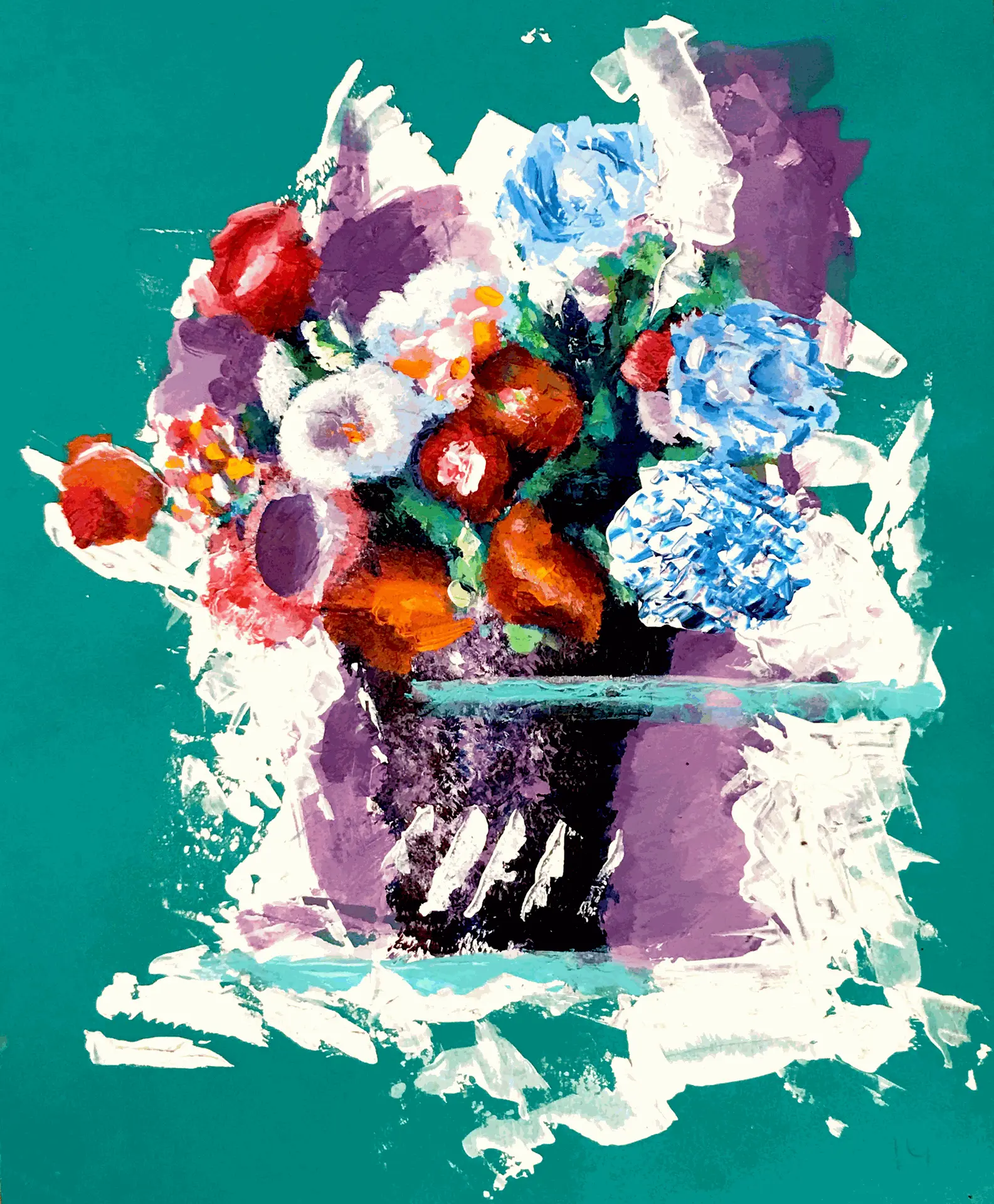 Nature morte au pot de fleur acrylique sur  papier coloré type bristol